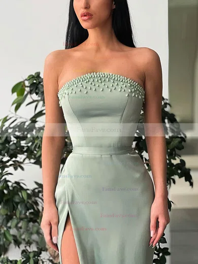 Sheath/Column Strapless Silk-like Satin Sweep Train Prom Dresses With Split Front #Favs020112967