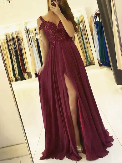 A-line V-neck Chiffon Floor-length Prom Dresses With Split Front #Favs020112970