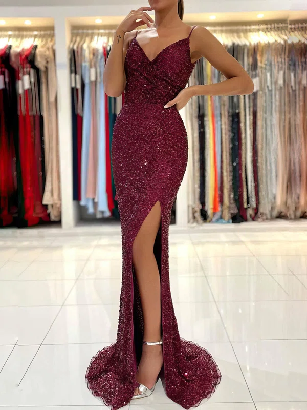 Sheath/Column V-neck Sequined Sweep Train Prom Dresses With Split Front #Favs020112972