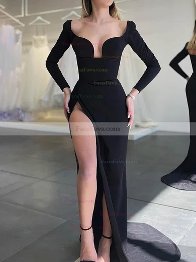 Sheath/Column V-neck Stretch Crepe Sweep Train Prom Dresses With Split Front #Favs020112986