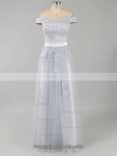 A-line Off-the-shoulder Tulle Floor-length Appliques Lace Prom Dresses #Favs020102047