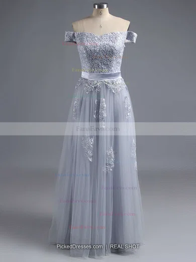 A-line Off-the-shoulder Tulle Floor-length Appliques Lace Prom Dresses #Favs020102047