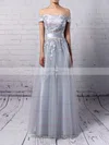 A-line Off-the-shoulder Tulle Floor-length Appliques Lace Prom Dresses #Favs020102047