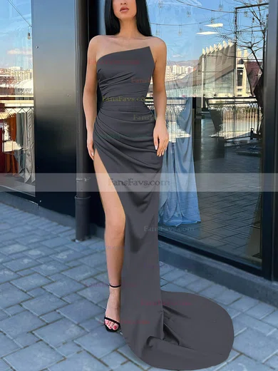 Sheath/Column Strapless Silk-like Satin Sweep Train Prom Dresses With Split Front #Favs020112992