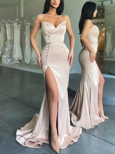 Sheath/Column V-neck Silk-like Satin Sweep Train Prom Dresses With Split Front #Favs020112994