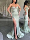 Sheath/Column V-neck Silk-like Satin Sweep Train Prom Dresses With Split Front #Favs020112994