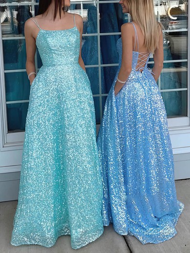 A-line Scoop Neck Sequined Sweep Train Prom Dresses With Pockets #Favs020113007
