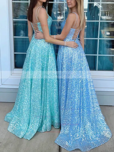 A-line Scoop Neck Sequined Sweep Train Prom Dresses With Pockets #Favs020113007