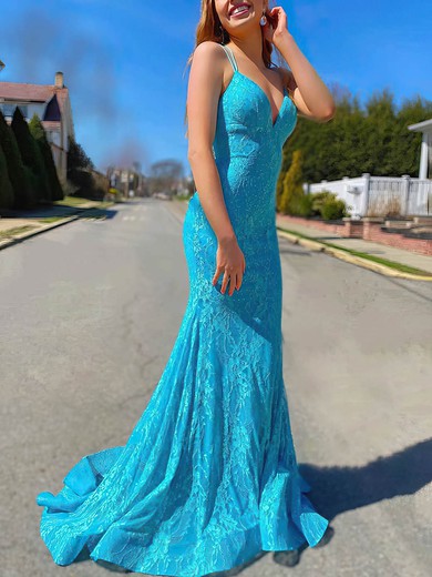 Trumpet/Mermaid V-neck Lace Sweep Train Prom Dresses With Ruffles #Favs020113008