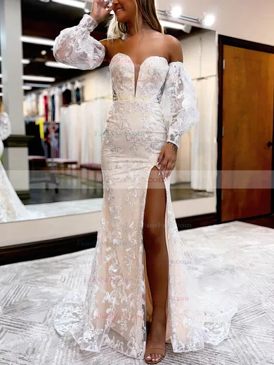 Trumpet/Mermaid Strapless Lace Sweep Train Prom Dresses With Split Front #Favs020113017