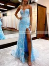 Trumpet/Mermaid Strapless Lace Sweep Train Prom Dresses With Split Front #Favs020113017