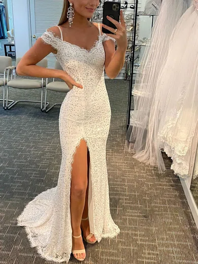 Sheath/Column Off-the-shoulder Lace Sweep Train Prom Dresses With Split Front #Favs020113019