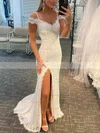 Sheath/Column Off-the-shoulder Lace Sweep Train Prom Dresses With Split Front #Favs020113019
