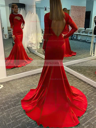 Trumpet/Mermaid High Neck Tulle Stretch Crepe Sweep Train Prom Dresses With Crystal Detailing #Favs020113020