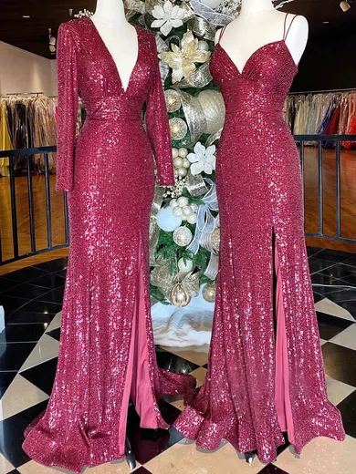 Sheath/Column V-neck Sequined Sweep Train Prom Dresses With Split Front #Favs020113021