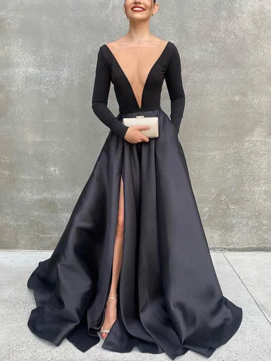 A-line Scoop Neck Satin Stretch Crepe Sweep Train Prom Dresses With Split Front #Favs020113022