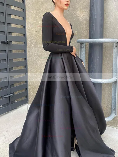 A-line Scoop Neck Satin Stretch Crepe Sweep Train Prom Dresses With Split Front #Favs020113022