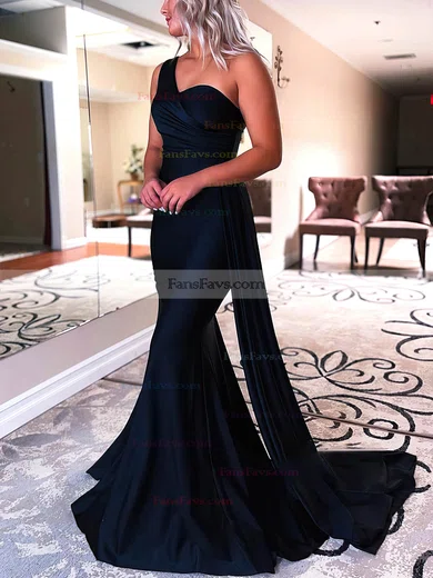 Trumpet/Mermaid One Shoulder Silk-like Satin Sweep Train Prom Dresses With Ruffles #Favs020113023