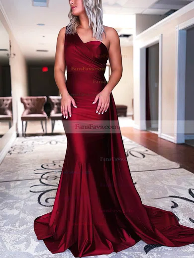Trumpet/Mermaid One Shoulder Silk-like Satin Sweep Train Prom Dresses With Ruffles #Favs020113023