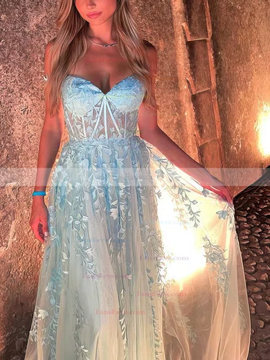 A-line Off-the-shoulder Lace Tulle Sweep Train Prom Dresses With Appliques Lace #Favs020113027