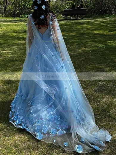 A-line V-neck Tulle Sequined Sweep Train Prom Dresses With Appliques Lace #Favs020113030