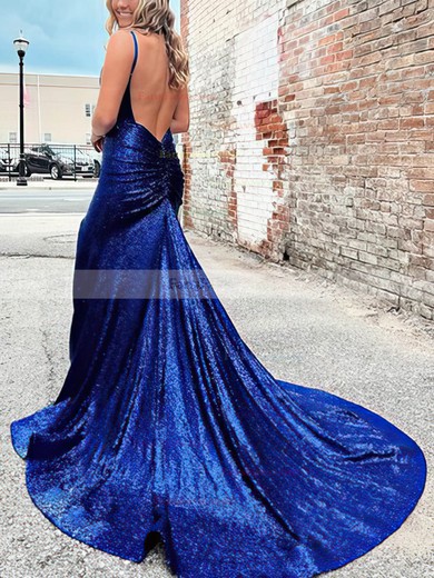 Trumpet/Mermaid V-neck Sequined Sweep Train Prom Dresses With Split Front #Favs020113036