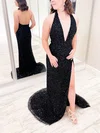 Sheath/Column Halter Sequined Sweep Train Prom Dresses With Split Front #Favs020113046