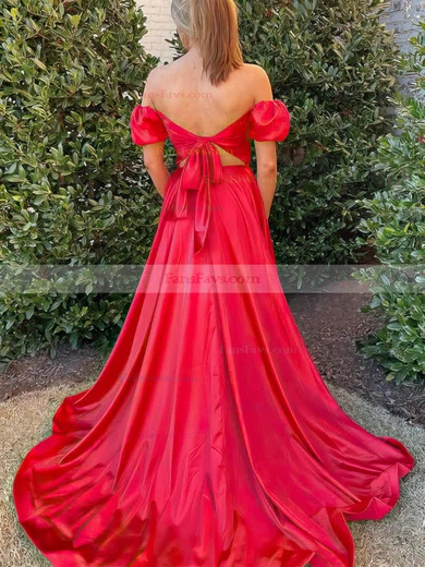 A-line Off-the-shoulder Silk-like Satin Sweep Train Prom Dresses With Split Front #Favs020113048