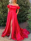 A-line Off-the-shoulder Silk-like Satin Sweep Train Prom Dresses With Split Front #Favs020113048