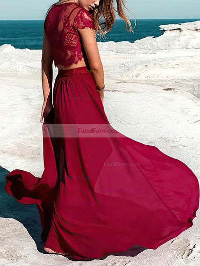 A-line Scoop Neck Lace Chiffon Floor-length Prom Dresses With Split Front #Favs020113072