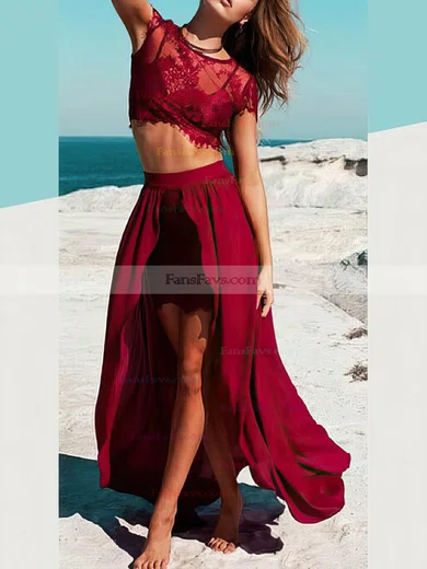 A-line Scoop Neck Lace Chiffon Floor-length Prom Dresses With Split Front #Favs020113072