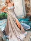 A-line Scoop Neck Shimmer Crepe Sweep Train Prom Dresses With Split Front #Favs020113082