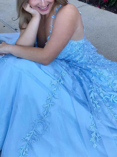 A-line V-neck Tulle Lace Sweep Train Prom Dresses With Appliques Lace #Favs020113084