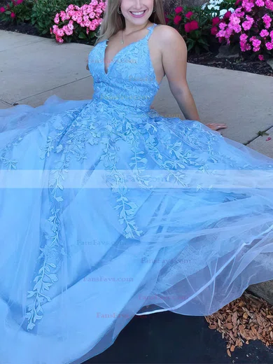 A-line V-neck Tulle Lace Sweep Train Prom Dresses With Appliques Lace #Favs020113084