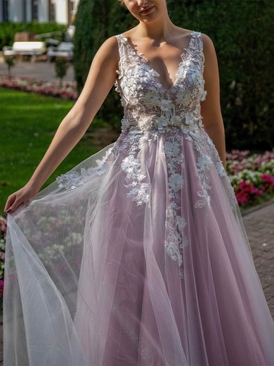 A-line V-neck Lace Tulle Sweep Train Prom Dresses With Appliques Lace #Favs020113089