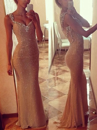 Trumpet/Mermaid V-neck Sequined Sweep Train Beading Prom Dresses #Favs02016911