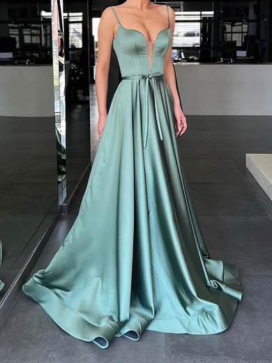 A-line V-neck Silk-like Satin Sweep Train Prom Dresses With Sashes / Ribbons #Favs020113106