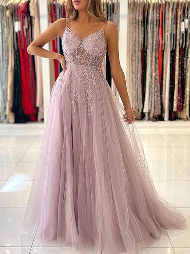 A-line V-neck Tulle Sweep Train Prom Dresses With Split Front #Favs020113108