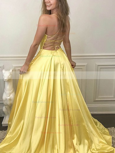 A-line V-neck Satin Sweep Train Prom Dresses With Pockets #Favs020113136