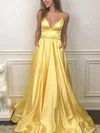 A-line V-neck Satin Sweep Train Prom Dresses With Pockets #Favs020113136