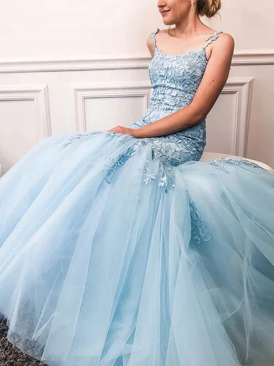 Trumpet/Mermaid Scoop Neck Lace Tulle Sweep Train Prom Dresses With Appliques Lace #Favs020113139