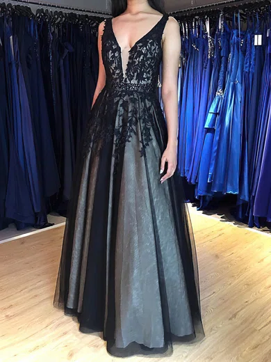 A-line V-neck Lace Tulle Floor-length Prom Dresses With Appliques Lace #Favs020113142