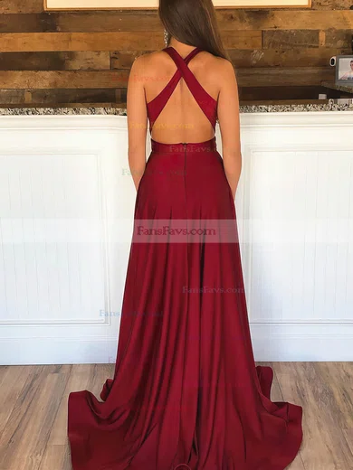 A-line V-neck Silk-like Satin Sweep Train Prom Dresses With Split Front #Favs020113153