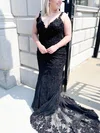 Trumpet/Mermaid V-neck Tulle Lace Sweep Train Prom Dresses With Appliques Lace #Favs020113178