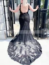 Trumpet/Mermaid V-neck Tulle Lace Sweep Train Prom Dresses With Appliques Lace #Favs020113178