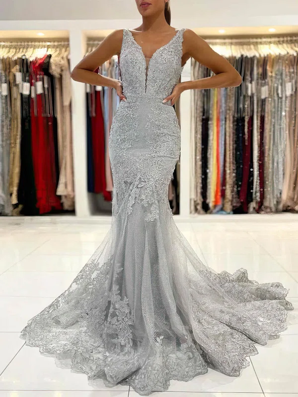 Trumpet/Mermaid V-neck Tulle Lace Sweep Train Prom Dresses With Appliques Lace #Favs020113180