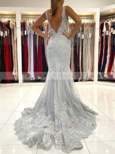 Trumpet/Mermaid V-neck Tulle Lace Sweep Train Prom Dresses With Appliques Lace #Favs020113180