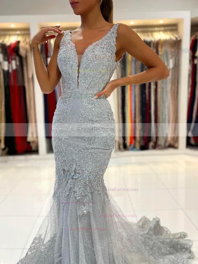 Trumpet/Mermaid V-neck Tulle Lace Sweep Train Prom Dresses With Appliques Lace #Favs020113180