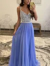 A-line V-neck Lace Tulle Floor-length Prom Dresses #Favs020113188