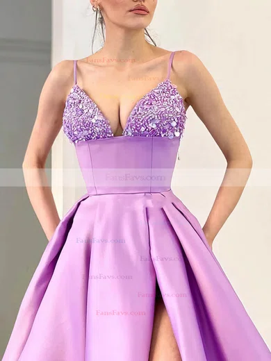 A-line V-neck Satin Sweep Train Prom Dresses With Split Front #Favs020113191